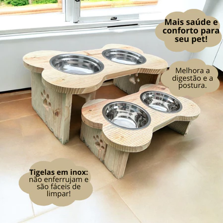 Comedouro Elevado Pet Bebedouro Cachorro Madeira Minimalista